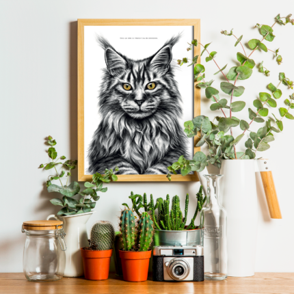 Affiche chat Main Coon - dessin portant la citation "Tous les rois ne portent pas de couronne". affiche 30 X 40 cm - 19€ - Dessin Marjorie Esquerre