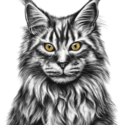 Affiche chat Main Coon - dessin portant la citation "Tous les rois ne portent pas de couronne". affiche 30 X 40 cm - 19€ - Dessin Marjorie Esquerre